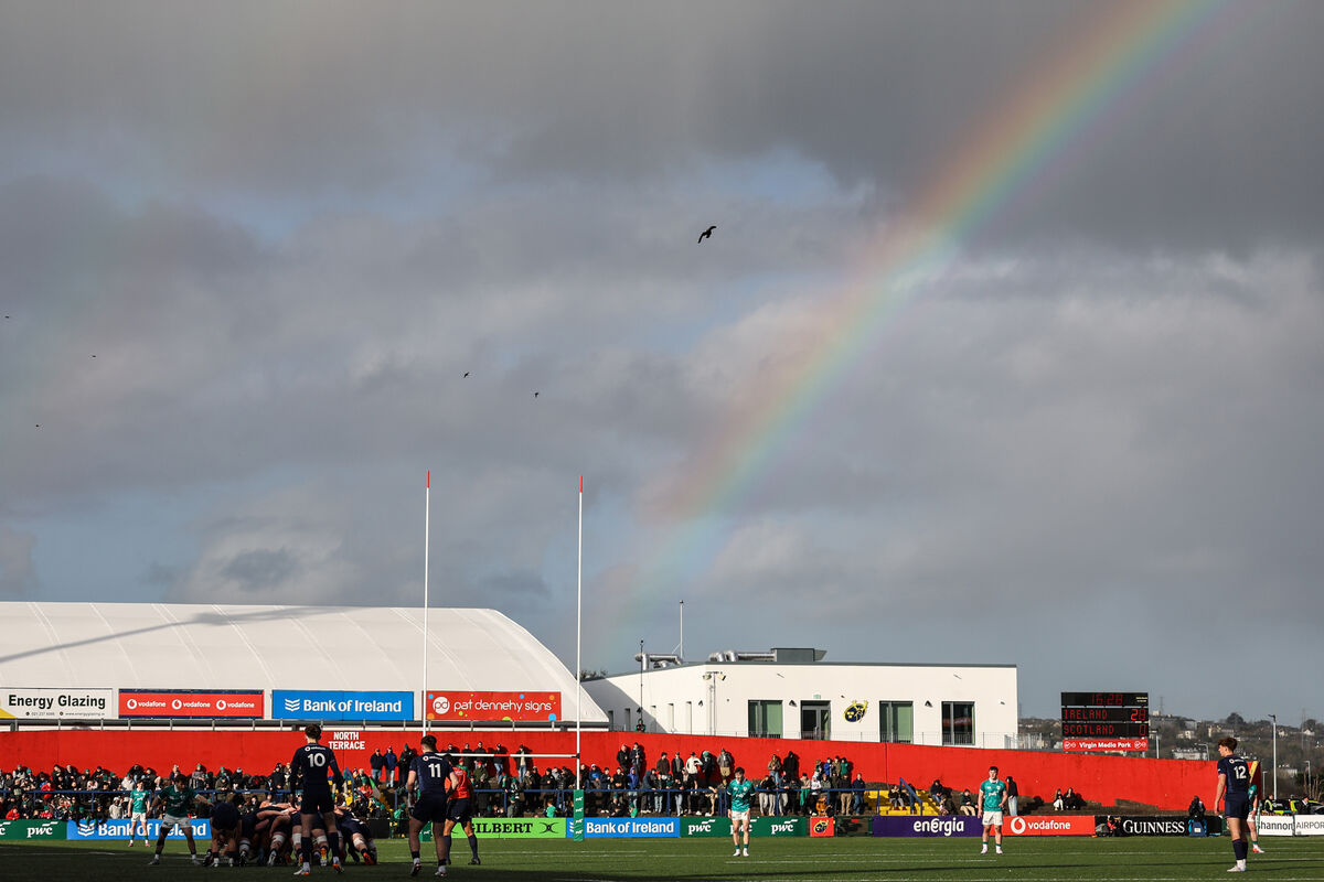 A view of a rainbow over Virgin Media Park during a scrum. Pic: ©INPHO/Ben Brady A view of a rainbow over Virgin Media Park during a scrum. Pic: ©INPHO/Ben Brady