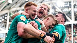 <p>JOY UNCONFINED: Ireland finished the tournament with a flourish with tryscorer Tommy O'Brien taking the acclaim from Ciaran Frawley, Craig Casey and Ronan Kelleher after he score his side's sixth try against Scotland. Pic: Nick Elliott, Inpho</p>