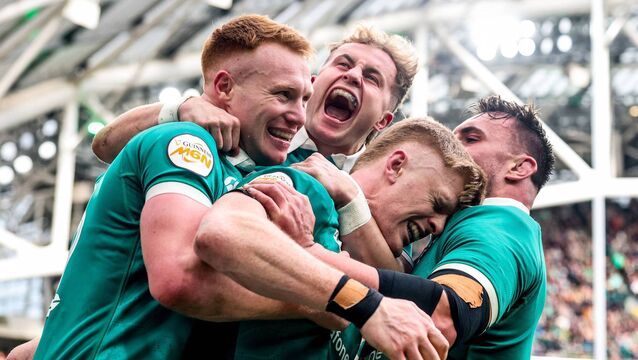 <p>JOY UNCONFINED: Ireland finished the tournament with a flourish with tryscorer Tommy O'Brien taking the acclaim from Ciaran Frawley, Craig Casey and Ronan Kelleher after he score his side's sixth try against Scotland. Pic: Nick Elliott, Inpho</p>