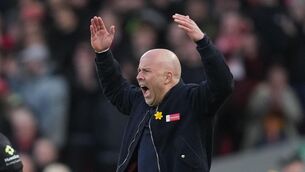<p>ARNE ANGST: Liverpool's manager Arne Slot reacts during the Premier League soccer match between Liverpool and Tottenham in Liverpool, England, Sunday, March 15, 2026. (AP Photo/Jon Super)</p>