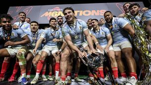 <p>CHAMPIONS OF CHAOS: France’s Antoine Dupont’s lifts the Men's Six Nations Trophy. Pic: ©INPHO.</p>