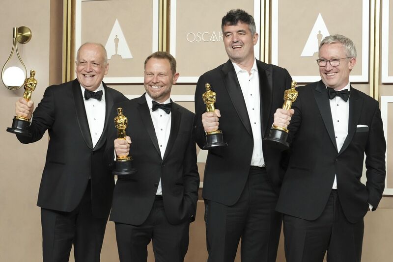 Joe Letteri, from left, Richard Baneham, Eric Saindon and Daniel Barrett, winners of the award for best visual effects for Avatar: The Way of Water at the Oscars on Sunday, March 12, 2023. Picture: Jordan Strauss/Invision/AP.
