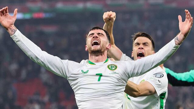 <p>Troy Parrott celebrates with Séamus Coleman after defeating Hungary last November when Parrott's hat-trick helped earn the Republic of Ireland a place in the qualifiers for Fifa World Cup 2026. Picture: Ryan Byrne/Inpho <br> </p>