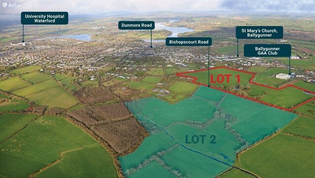 <p>Aerial marked photo of the 78-acre farm at Bishopscourt, Grantstown, Co Waterford. </p>
