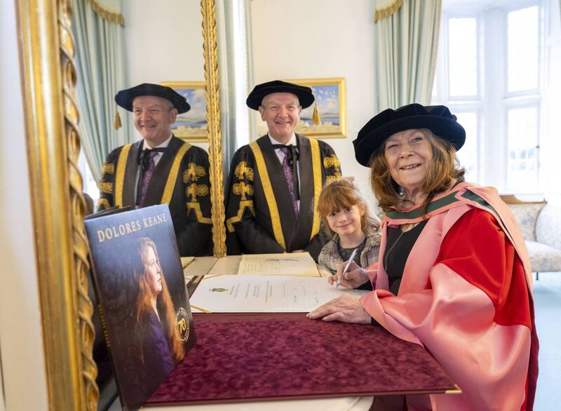 Dolores Keane was conferred with an honorary, doctor of music from the University of Galway in 2024. She is pictured her granddaughter Megan O'Gara. Picture: Andrew Downes
