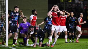 <p>Sean Hoare of St Patrick's Athletic reacts after a missed goal chance during the SSE Airtricity Men's Premier Division match against Derry City at Richmond Park in Dublin. Pic: Ramsey Cardy/Sportsfile</p>
