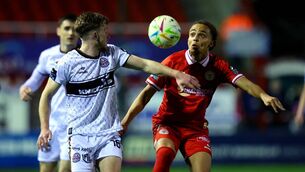 <p>Shels’ Maill Lundgren in action against Darragh Power of Bohs. Pic: ©INPHO/Ryan Byrne</p>
