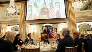 <p>Taoiseach Micheál Martin addressing the business leaders' luncheon at the Willard Intercontinental Hotel in Washington DC yesterday as part of his St Patrick's Day visit to the US. Picture: Niall Carson/PA</p>