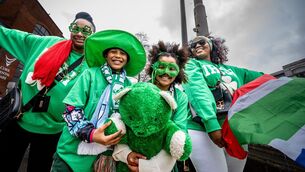 <p>Phumie Casserly, Stella Flynn, Venus Casserly, and Jupiter Casserly before marching with the Domhan Green Society in the St Patrick’s Day Parade in Cork City. Picture: Chani Anderson</p>