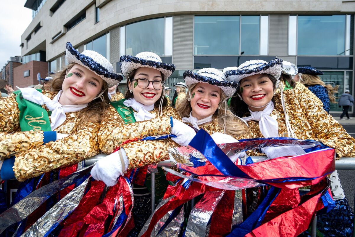 Anessa Moore, Jade Douglas, Olivia Wrobel, and Lily Ngo of the Texas McKinney High School Royal Pride Band preparing for the St Patrick’s Day Parade in Cork city. Picture: Chani Anderson