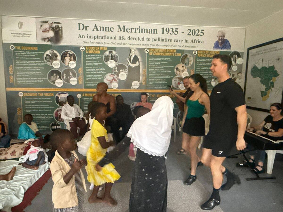 Professional Irish dancer Alasdair Spencer and members of 9 Hazel Trees entertaining children at the Hands for Hope school in Namuwungo in Kampala as part of the St Patrick’s Day Festivities in Uganda.