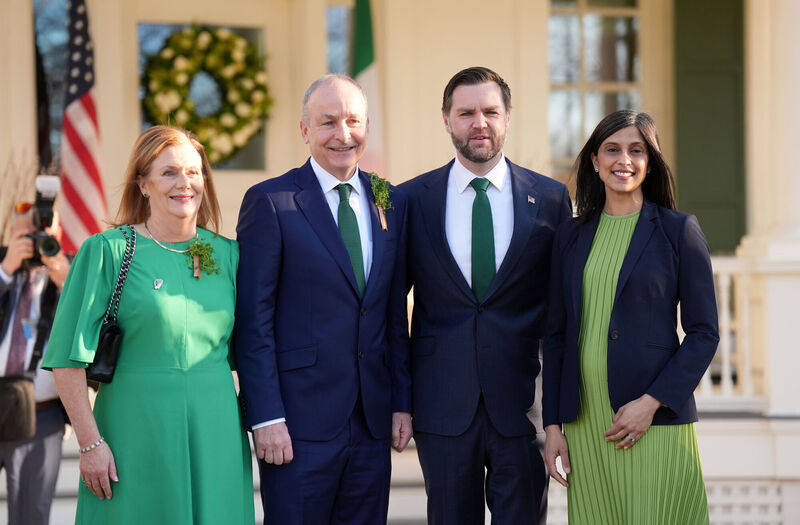 The Taoiseach and his wife Mary O'Shea are greeted by US vice president JD Vance and his wife Usha Vance before a breakfast at the Naval Observatory. Picture: Niall Carson/PA Wire