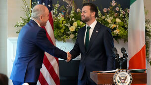 <p>US vice president JD Vance greets Taoiseach Micheál Martin during a breakfast at the Naval Observatory, his residence in Washington DC, as part of a visit to the US for St Patrick's Day. Picture: Niall Carson/PA Wire</p>