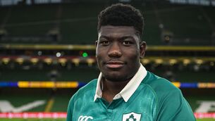 <p>Cobh's Edwin Edogbo with his first cap after the Guinness Six Nations match between Ireland and Italy at the Aviva Stadium. Picture: Brendan Moran/Sportsfile</p>