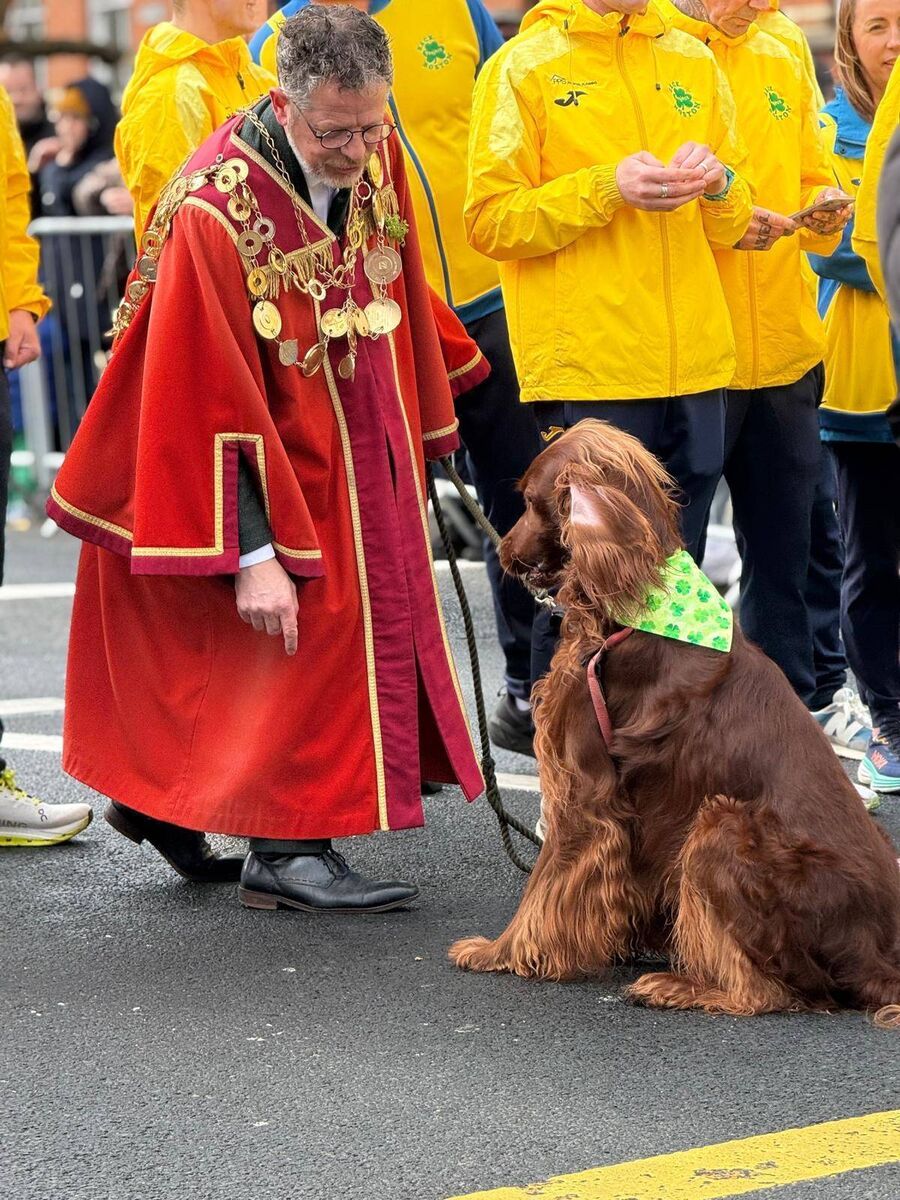 Limerick Mayor John Moran with his dog Henri at the St Patrick's Day parade in Limerick city. Picture: Zeb Moore
