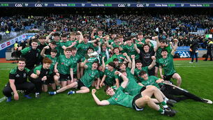 <p>The Coláiste Mhuire Mullingar panel celebrate with the Hogan Cup. Pic: Ray McManus/Sportsfile</p>