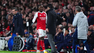 <p>Mikel Arteta, right, believes Eberechi Eze’s goal proves why he is at Arsenal. Pic: Bradley Collyer/PA</p>