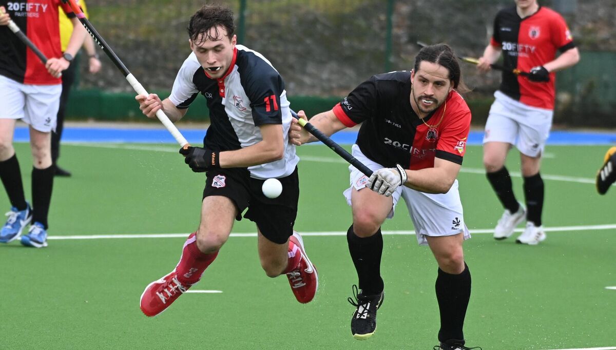 Harlequins' Sam Dale and Catholic Institute's Noah Erdeljac in a race for the ball during the Mens Munster senior cup final at Garryduff. Picture; Eddie O'Hare