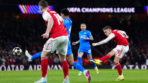 <p>Arsenal's Leandro Trossard attempts a shot on goal. Pic: Bradley Collyer/PA Wire.</p>