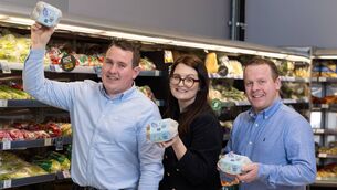 <p>Kevin and Brian Connolly of Connolly’s Eggs with Laura Harper, M&amp;S trading director (Ireland and NI), celebrate the launch of their new partnership. Picture: Shane O'Neill/Coalesce</p>