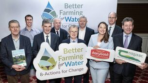 <p>(Left to right) Pat Clancy, chairperson of Dairygold, Philip Murphy, Teagasc Blackwater Catchment co-ordinator, Michael Harte, chief executive of Dairygold, Professor Pat Dillon, Teagasc director of research, Professor Frank O'Mara, Teagasc director, Billy Cronin, Dairygold head of Member Services and Engagement, Orlaith Tynan, Dairygold head of Sustainability and Environmental Strategy, Dr Stan Lalor, Teagasc director of Knowledge Transfer and Liam Herlihy, Teagasc chairman in Mitchelstown, Co Cork, at the launch of the Blackwater Catchment Action Plan. Picture: O'Gorman Photography.</p>