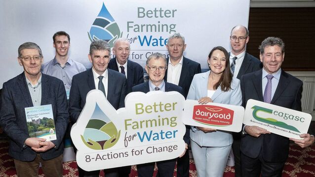 <p>(Left to right) Pat Clancy, chairperson of Dairygold, Philip Murphy, Teagasc Blackwater Catchment co-ordinator, Michael Harte, chief executive of Dairygold, Professor Pat Dillon, Teagasc director of research, Professor Frank O'Mara, Teagasc director, Billy Cronin, Dairygold head of Member Services and Engagement, Orlaith Tynan, Dairygold head of Sustainability and Environmental Strategy, Dr Stan Lalor, Teagasc director of Knowledge Transfer and Liam Herlihy, Teagasc chairman in Mitchelstown, Co Cork, at the launch of the Blackwater Catchment Action Plan. Picture: O'Gorman Photography.</p>