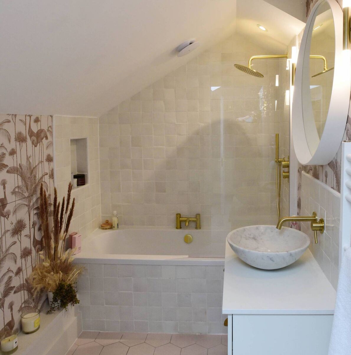 Contrasting textures create depth and interest in the upstairs bathroom of Jen Sheahan's home. Picture: Moya Nolan. Contrasting textures create depth and interest in the upstairs bathroom of Jen Sheahan's home. Picture: Moya Nolan.