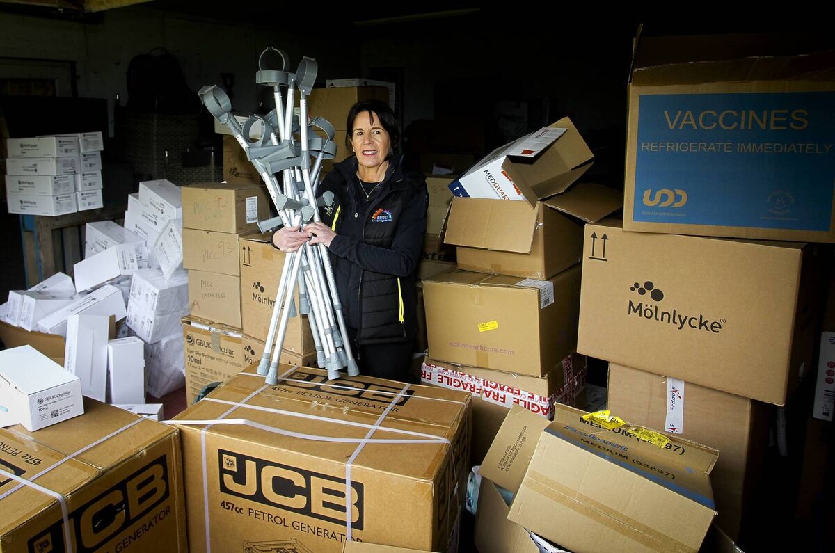 Finola Byrne, supervises the loading of medical equipment and vehicles brought to Ukraine earlier this week via the Peace Bridge. Picture: Garry O'Neill