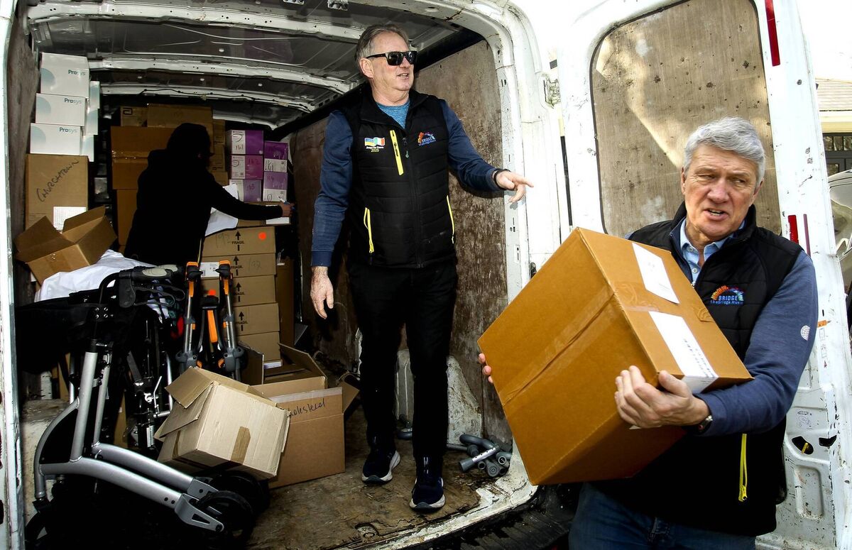 Stephen Byrne, Founder of the Peace Bridge with David Clerkin, who is delivering four 4x4s, medical supplies, and a refrigerated truck to three centres in Ukraine this week. Picture: Garry O'Neill