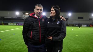 <p>Sinn Féin TDs Ruairí Ó Murchú, left, and Joanna Byrne before the SSE Airtricity Men's Premier Division match between Dundalk and Drogheda United at Oriel Park in Dundalk, Louth. Photo by Ben McShane/Sportsfile</p>