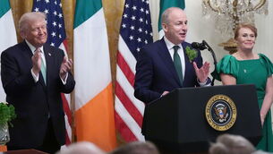 <p>US president Donald Trump with Taoiseach Micheál Martin and his wife Mary O'Shea during the St Patrick's Day reception and shamrock ceremony at the White House. Picture: Niall Carson/PA</p>