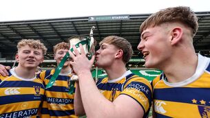 <p>DOUBLE TROUBLE: Marist College’s captain Andrew Henson celebrates with the cup after the game. Pic: Nick Elliott/Inpho</p>