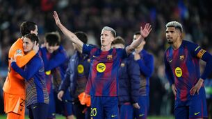 <p>SEVENTH HEAVEN: Barca players celebrate after thumping the Magpies at the Nou Camp. Pic: Mike Egerton/PA</p>