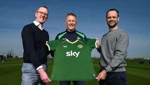 <p>Heimir Hallgrímsson with FAI chief executive officer David Courell, left, and FAI director of football John Martin, right, at the announcement of Heimir Hallgrimsson signing a new contract as Republic of Ireland boss. Pic: Stephen McCarthy/Sportsfile</p>