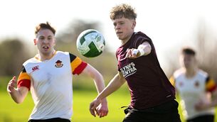 <p>LUCK OF THE BOUNCE: David McLaughlin of Coláiste Bhaile Chláir, Galway, in action against Emmet Coughlan of Christian Brothers College. Pic: Shauna Clinton/Sportsfile</p>