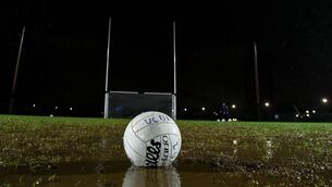 <p>SOAKED: A common sight as clubs and counties attempted to get seasons up and running only to be foiled night after night by unplayable pitches. It’s not just a GAA or an Irish problem — it’s as global concern. Pic: Matt Browne/Sportsfile</p>