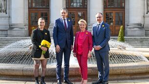 <p>From left: Lydia Whelan, Simon Harris, Nikki Gallagher, and Robert Troy at the announcement of the government initiative to help hundreds of families on Daffodil Day. Picture: Department of Finance. </p>