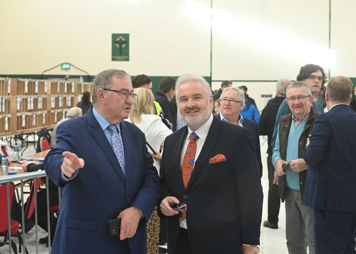 Noel O'Flynn with his son Cork TD Ken O'Flynn at Nemo Rangers during the General Election count in 2024. Picture: Larry Cummins