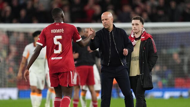 <p>Liverpool manager Arne Slot celebrates with Ibrahima Konate. Pic: Martin Rickett/PA Wire.</p>