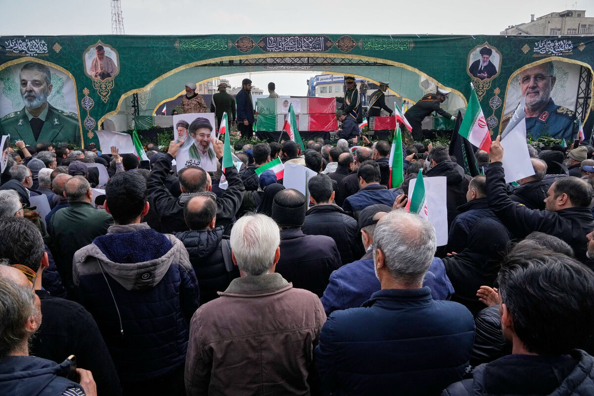 Mourners attend the funeral procession for senior Iranian military officials and some civilians killed during the US-Israel campaign, including Iran's armed forces Chief of Staff Abdolrahim Mousavi, Islamic Revolutionary Guard Corps commander Mohammad Pakpour, defense minister Aziz Nasirzadeh, supreme leader military office chief Mohammad Shirazi, and other officers in Tehran, Iran, Picture: AP Photo/Vahid Salemi