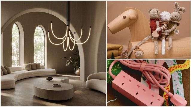 <p>Lighting at AK Interiors, left, the Luna table, top right, and the Pedestal bubblegum-pink power cord, below right.</p>