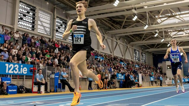 <p>NICK GRIGGS' ON FIRE: Nick Griggs celebrates winning the Men’s 3000m Final at  the Athletics Ireland National Indoor Championships. Pic: ©INPHO/Morgan Treacy</p>
