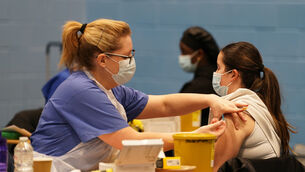 <p>A student receiving an injection at the University of Kent campus in Canterbury.</p>