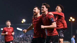 <p>Patrick Hickey headed Bohemians into a 20th minute lead against Dundalk. Pic: Stephen McCarthy/Sportsfile</p>