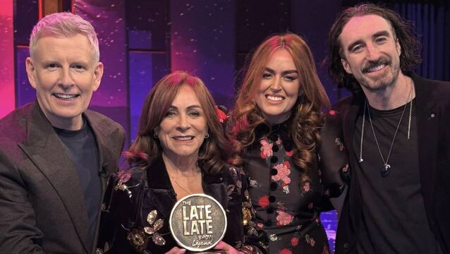 <p>Mary Black on the Late Late Show with her daughter Roisin and son Danny, alongside host Patrick Kielty. Picture: Late Late Show/RTE One.</p>