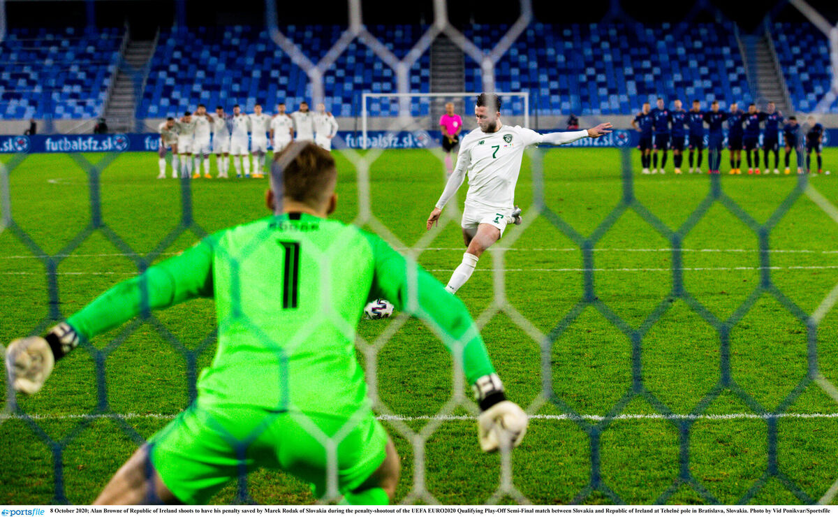 Alan Browne misses a penalty against Slovakia in 2020, the last time Ireland were involved in a shotout. Pic: Vid Ponikvar/Sportsfile Alan Browne misses a penalty against Slovakia in 2020, the last time Ireland were involved in a shotout. Pic: Vid Ponikvar/Sportsfile