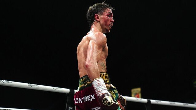 <p>THE END: Michael Conlan with blood on face following the WBC International Feather-weight bout against Kevin Walsh. Pic: Brian Lawless/PA</p>