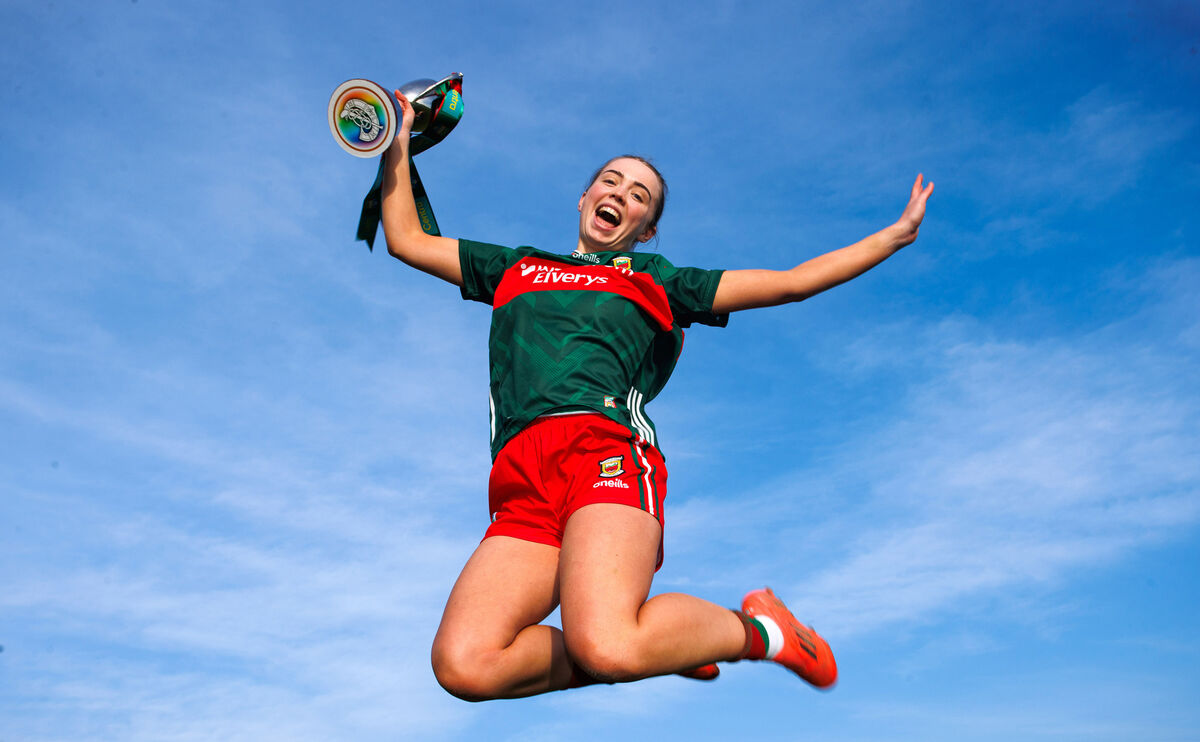 Mayo's Brona Joyce celebrates winning with the Division 3B trophy. Pic: Tom Maher/Inpho