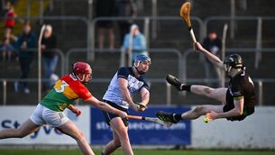 <p>FLYING FOLEY: Dublin's John Hetherton has a shot saved by Carlow goalkeeper Kyle Foley. Pic: Seb Daly/Sportsfile</p>