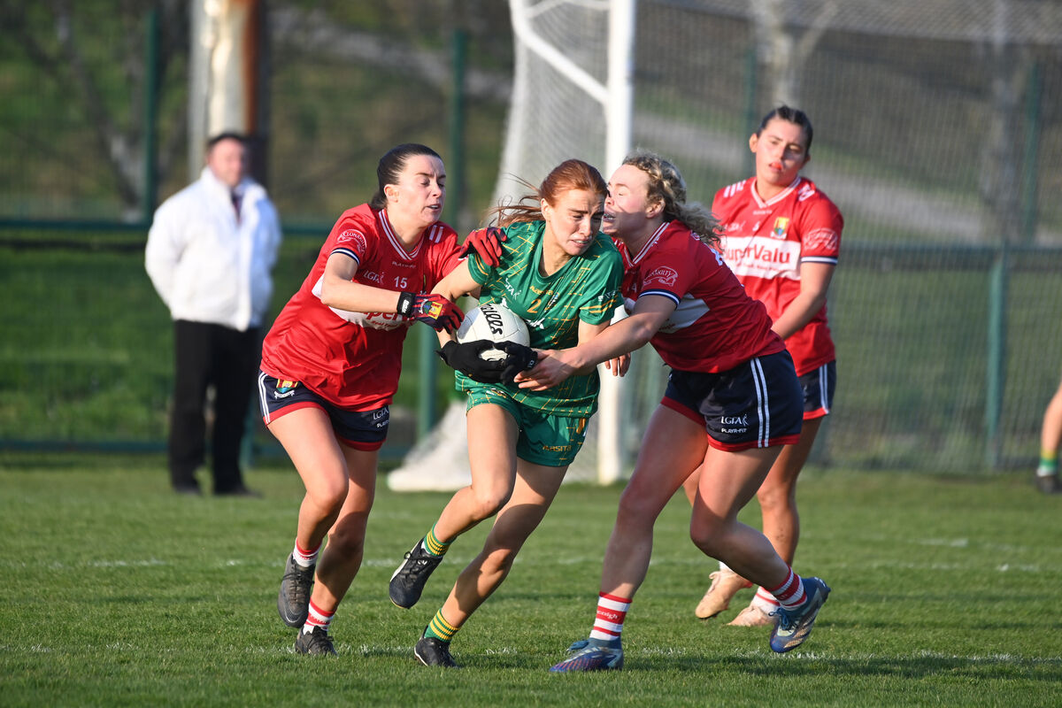  Leah Hallahan and Katie Quirke on action for Cork as they try to prevent a clearance by Meath defender Karla Kealy. Pic: Larry Cummins.